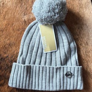 Michael Kors Light Gray Ribbed Pom Beanie
